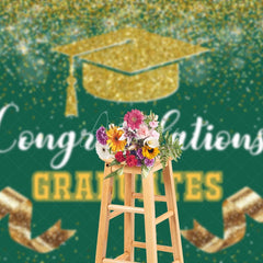 Aperturee - Aperturee Green Gold Glitter Ribbons Congrats Grad Backdrop