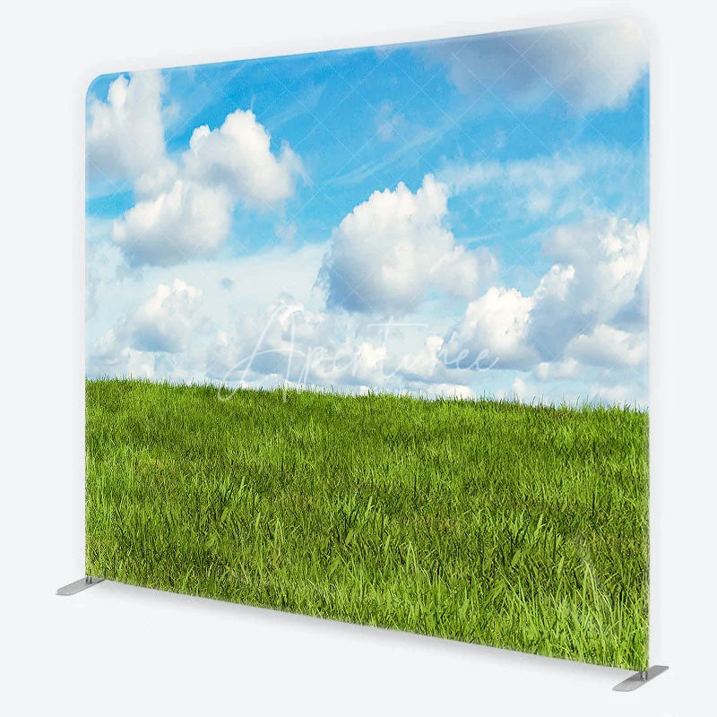 Aperturee - Aperturee Green Grass Field and Blue Sky with White Clouds Square Double-Sided Backdrop Natural Landscape Photography Prop