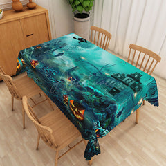 Aperturee - Aperturee Green Halloween Graveyard Rectangle Tablecloth for Spooky Zombie and Haunted Cemetery Party Decor