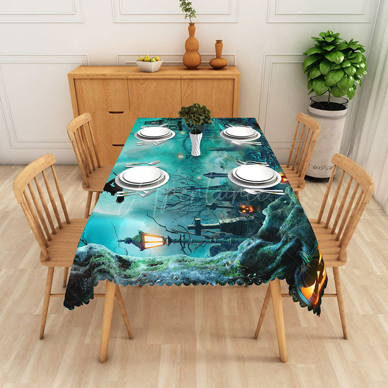 Aperturee - Aperturee Green Halloween Graveyard Rectangle Tablecloth for Spooky Zombie and Haunted Cemetery Party Decor