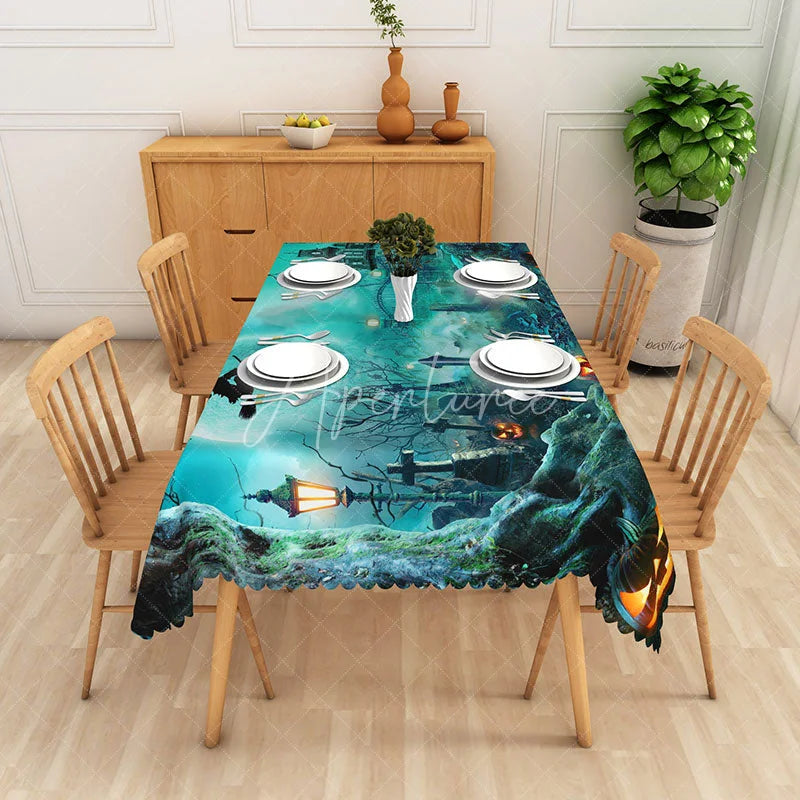 Aperturee - Aperturee Green Halloween Graveyard Rectangle Tablecloth for Spooky Zombie and Haunted Cemetery Party Decor