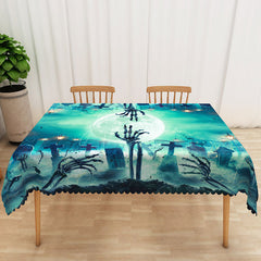 Aperturee - Aperturee Green Halloween Rectangle Tablecloth with Graveyard and Full Moon for Spooky Zombie Apocalypse Party