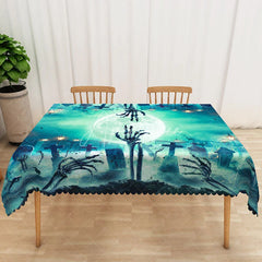 Aperturee - Aperturee Green Halloween Rectangle Tablecloth with Graveyard and Full Moon for Spooky Zombie Apocalypse Party