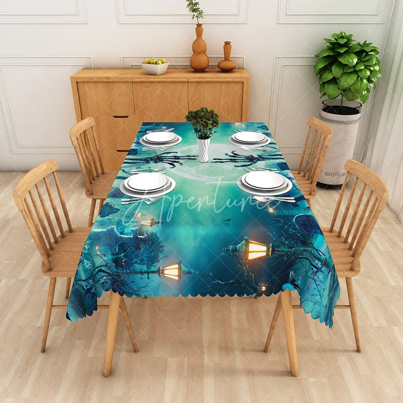 Aperturee - Aperturee Green Halloween Rectangle Tablecloth with Graveyard and Full Moon for Spooky Zombie Apocalypse Party