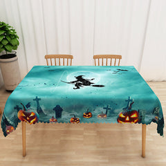 Aperturee - Aperturee Green Halloween Rectangle Tablecloth with Witch Moon and Bats for Spooky Night and Wicked Party Decor