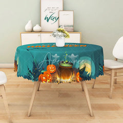 Aperturee - Aperturee Green Halloween Round Tablecloth with Bats Ghosts and Witch Hats for Fun and Spooky Party Decor