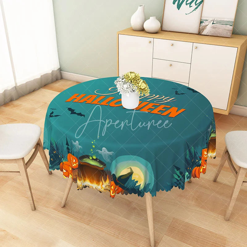 Aperturee - Aperturee Green Halloween Round Tablecloth with Bats Ghosts and Witch Hats for Fun and Spooky Party Decor