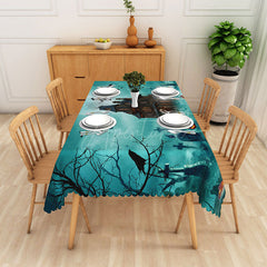 Aperturee - Aperturee Green Haunted House and Graveyard Rectangle Tablecloth for Spooky Halloween and Zombie Party Decor