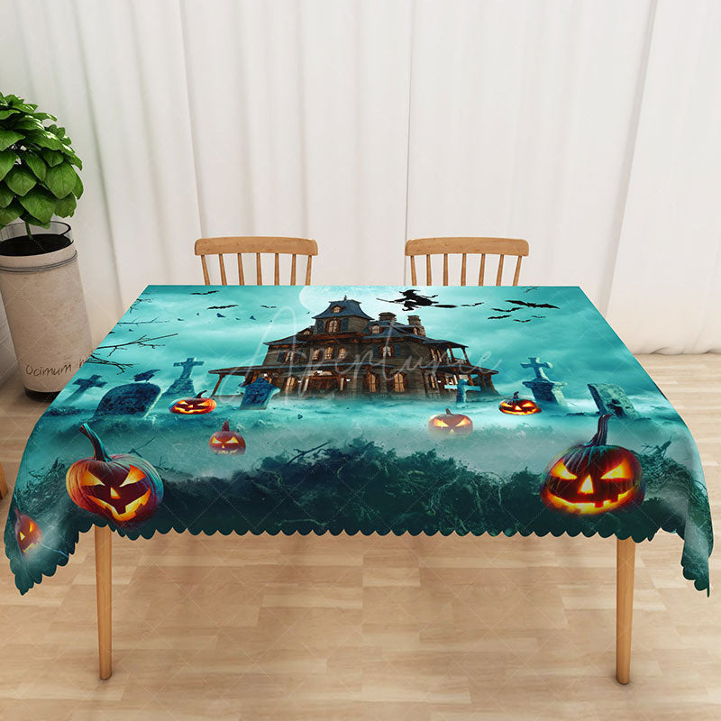 Aperturee - Aperturee Green Haunted House and Graveyard Rectangle Tablecloth for Spooky Halloween and Zombie Party Decor