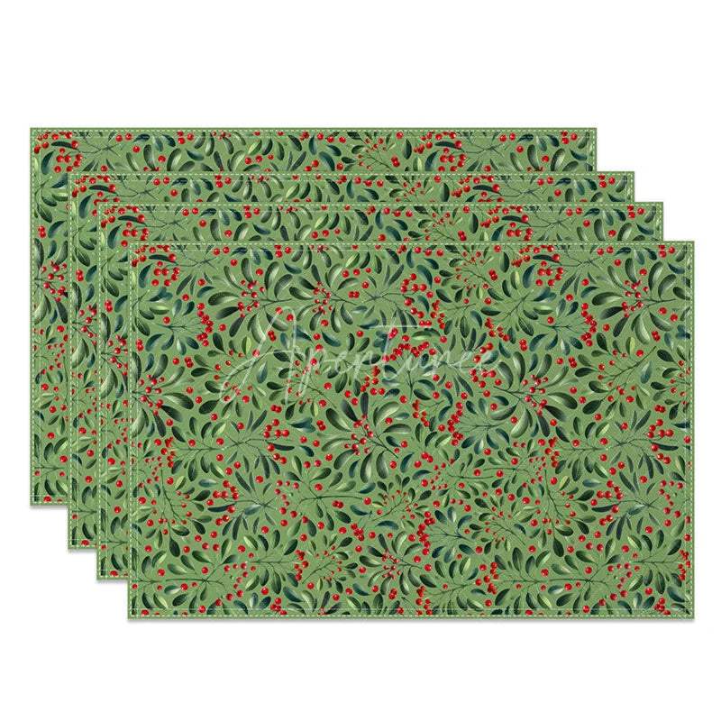 Aperturee - Aperturee Green Holly Berry Set of 4 Placemats Red Berries and Leaves Christmas Holiday Table Mats Decor