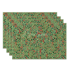 Aperturee - Aperturee Green Holly Berry Set of 4 Placemats Red Berries and Leaves Christmas Holiday Table Mats Decor