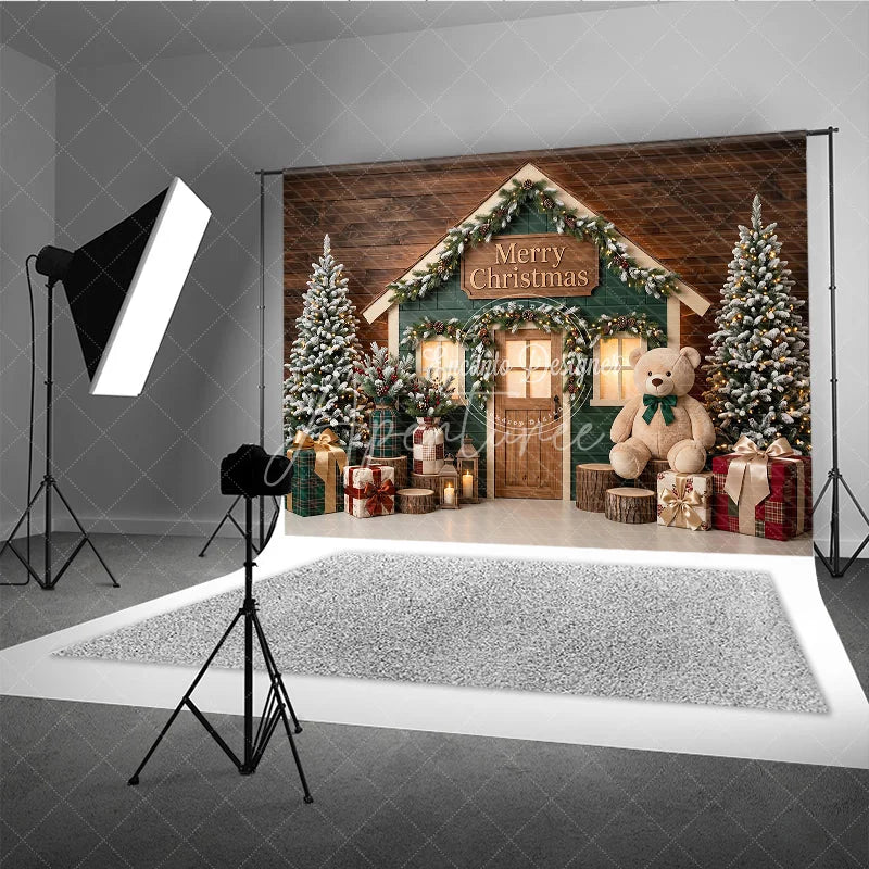 Aperturee - Aperturee Green House Merry Christmas Holiday Backdrop with Flocked Trees Teddy Bear and Festive Gifts Decor