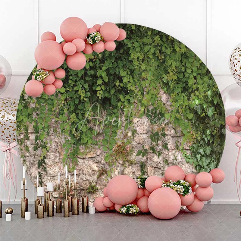 Aperturee - Aperturee Green Ivy Stone Wall Round Backdrop Rustic Garden Greenery and Ancient Brick Wedding Background