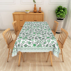 Aperturee - Aperturee Green Leaf and Floral Rectangle Tablecloth on White for Spring Garden Party and Botanical Dining