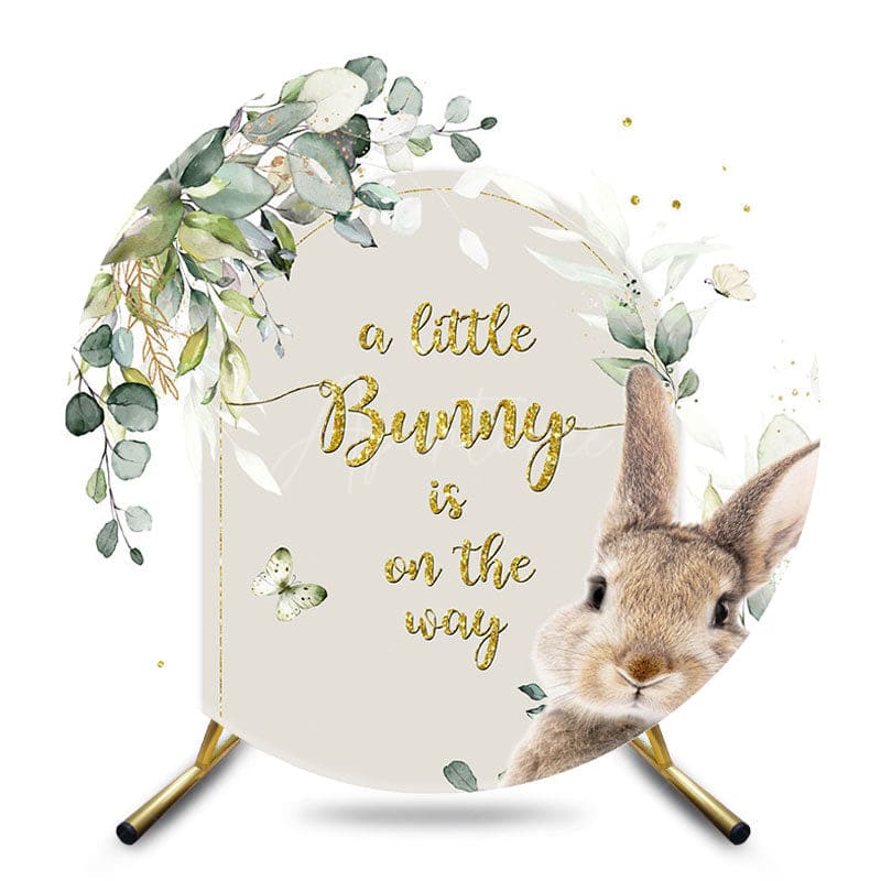 Aperturee - Aperturee Green Leaf Little Bunny Round Baby Shower Backdrop