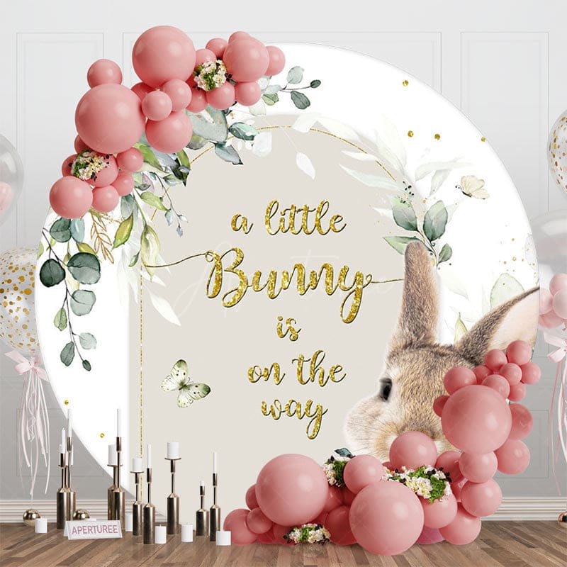 Aperturee - Aperturee Green Leaf Little Bunny Round Baby Shower Backdrop