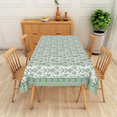 Aperturee - Aperturee Green Leaf Rectangle Tablecloth with Striped Border for Botanical and Modern Farmhouse Kitchen Decor