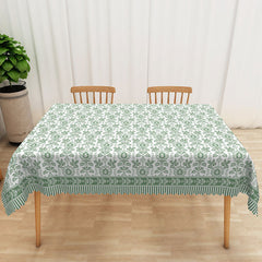 Aperturee - Aperturee Green Leaf Rectangle Tablecloth with Striped Border for Botanical and Modern Farmhouse Kitchen Decor