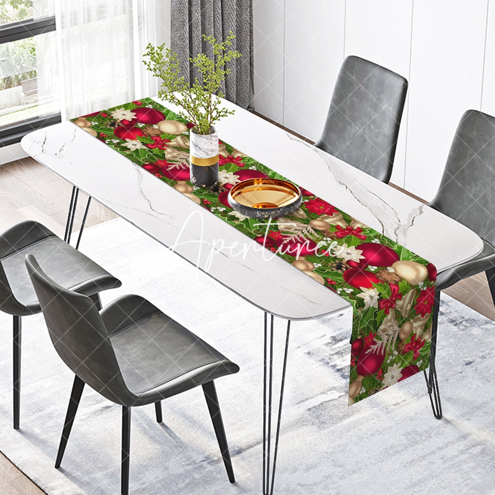 Aperturee - Aperturee Green Leaves Cherry Gold Bells Christmas Table Runner