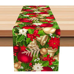 Aperturee - Aperturee Green Leaves Cherry Gold Bells Christmas Table Runner