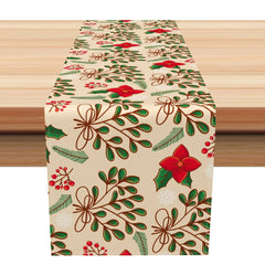 Aperturee - Aperturee Green Leaves Poinsettia Floral Christmas Table Runner