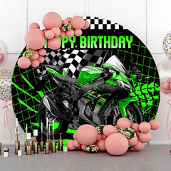 Aperturee Aperturee Green Motorcycle Plaid Round Birthday Backdrop