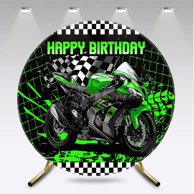 Aperturee Aperturee Green Motorcycle Plaid Round Birthday Backdrop