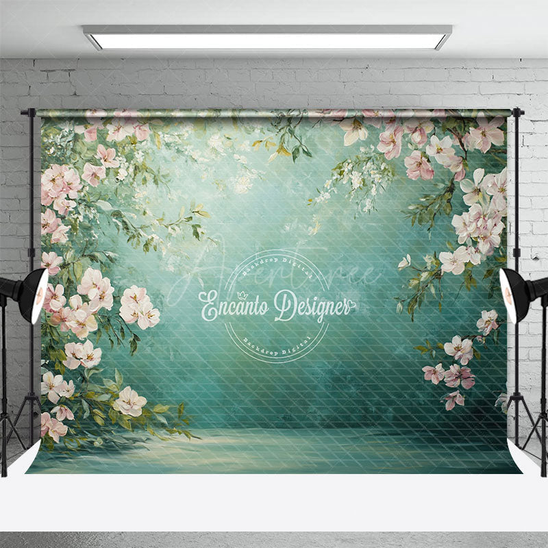 Aperturee - Aperturee Green Oil Painted Pink Floral Photography Backdrop