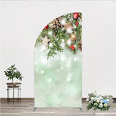 Aperturee - Aperturee Green Pine and Red Berry Christmas Half Moon Arch Backdrop Golden Stars and Snow Winter Decor