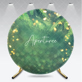 Aperturee - Aperturee Green Pine Branches with Gold Bokeh Lights Glitter Round Backdrop Festive Winter Christmas Party Decor