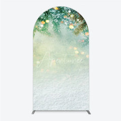 Aperturee - Aperturee Green Pine Branches with Snow and Golden Bokeh Lights Round Top Arch Backdrop Winter Christmas Holiday Decor