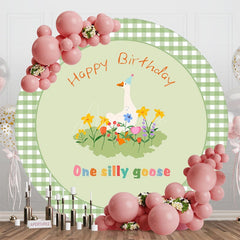 Aperturee - Aperturee Green Plaid One Silly Goose Round Birthday Backdrop
