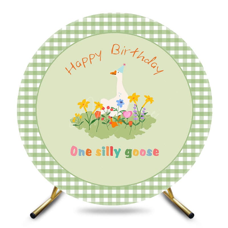 Aperturee - Aperturee Green Plaid One Silly Goose Round Birthday Backdrop