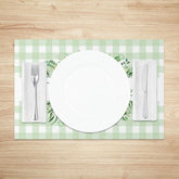 Aperturee - Aperturee Green Plaid Spring Set of 4 Placemats Greenery Wreath and Beautiful Spring Text Dining Table Mats