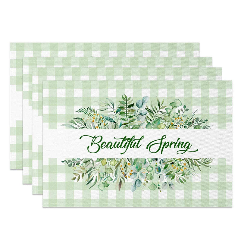 Aperturee - Aperturee Green Plaid Spring Set of 4 Placemats Greenery Wreath and Beautiful Spring Text Dining Table Mats