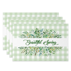 Aperturee - Aperturee Green Plaid Spring Set of 4 Placemats Greenery Wreath and Beautiful Spring Text Dining Table Mats