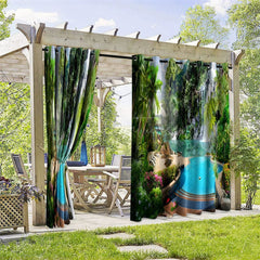 Aperturee - Aperturee Green Pool Scene Waterproof Printed Outdoor Curtains
