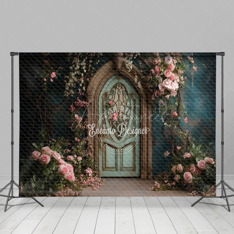 Aperturee - Aperturee Green Retro Door Floral Plant Wedding Photo Backdrop