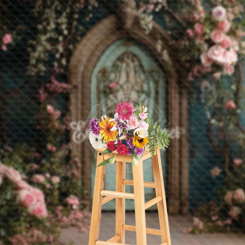 Aperturee - Aperturee Green Retro Door Floral Plant Wedding Photo Backdrop