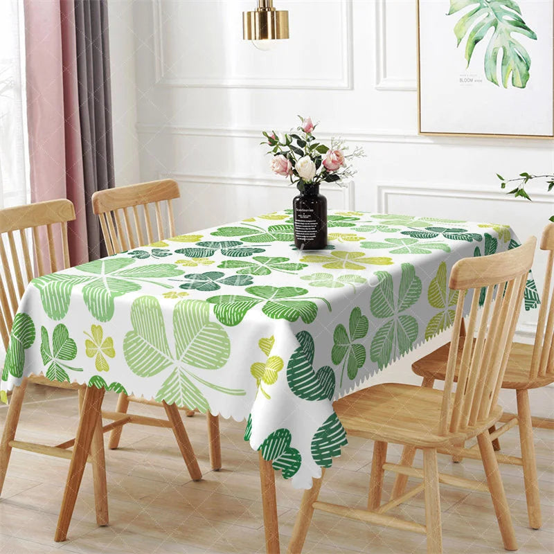 Aperturee - Aperturee Green Sketch Shamrock Rectangle Tablecloth Lucky Four Leaf Clover St Patricks Day Table Cover