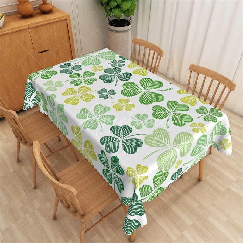 Aperturee - Aperturee Green Sketch Shamrock Rectangle Tablecloth Lucky Four Leaf Clover St Patricks Day Table Cover