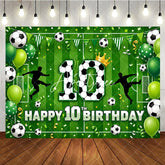 Aperturee - Aperturee Green Soccer Field 10th Birthday Backdrop Players and Balls with Vibrant Balloons for Party Decor