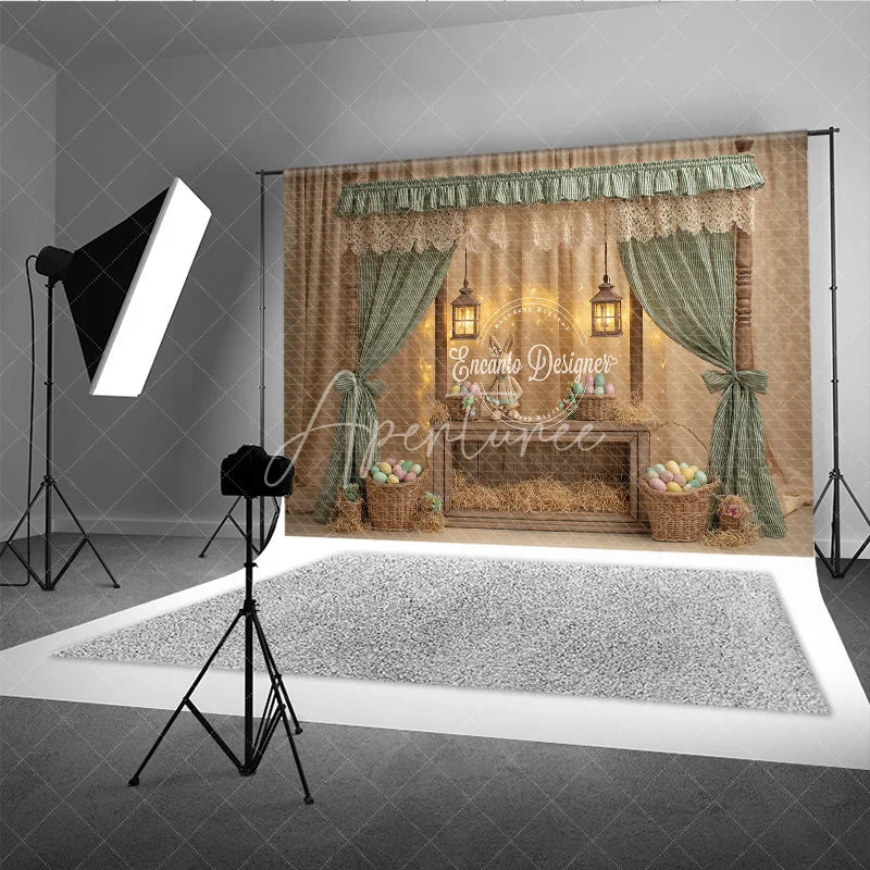 Aperturee - Aperturee Green Striped Curtains Easter Photography Backdrop Bunny and Pastel Eggs Baskets Studio Background