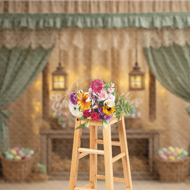 Aperturee - Aperturee Green Striped Curtains Easter Photography Backdrop Bunny and Pastel Eggs Baskets Studio Background