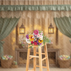 Aperturee - Aperturee Green Striped Curtains Easter Photography Backdrop Bunny and Pastel Eggs Baskets Studio Background