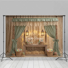 Aperturee - Aperturee Green Striped Curtains Easter Photography Backdrop Bunny and Pastel Eggs Baskets Studio Background