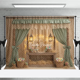 Aperturee - Aperturee Green Striped Curtains Easter Photography Backdrop Bunny and Pastel Eggs Baskets Studio Background