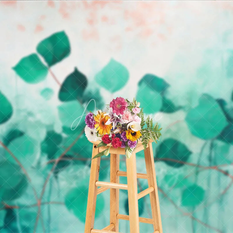 Aperturee - Aperturee Green Teal Leaves Abstract Art Backdrop Watercolor Plant Red Stems Background Nature Theme Photography Banner