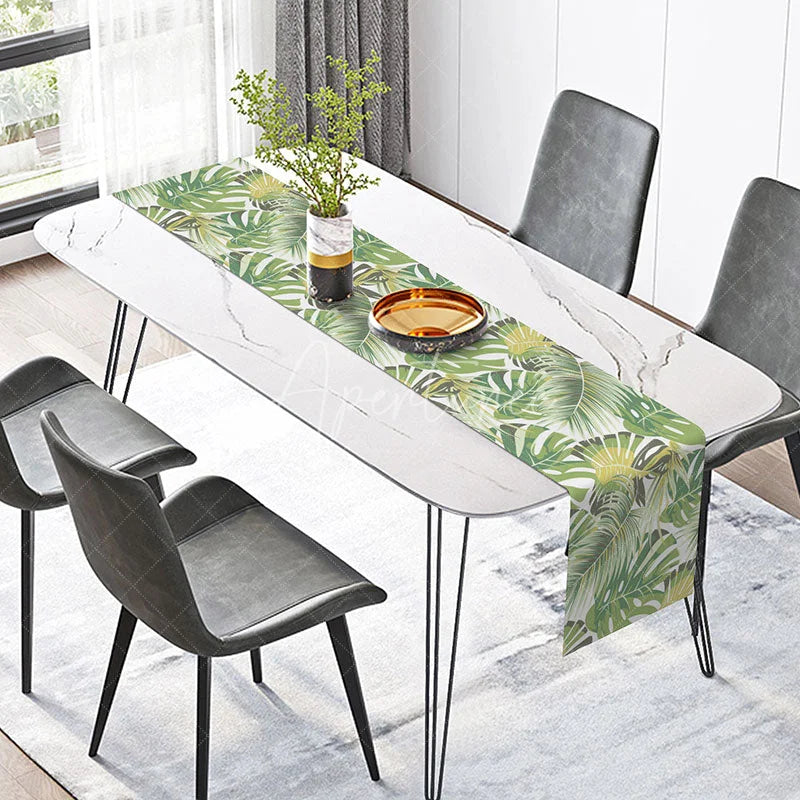 Aperturee - Aperturee Green Tropical Palm Leaf Table Runner Modern Botanical Monstera Print Summer Kitchen Dining Decor