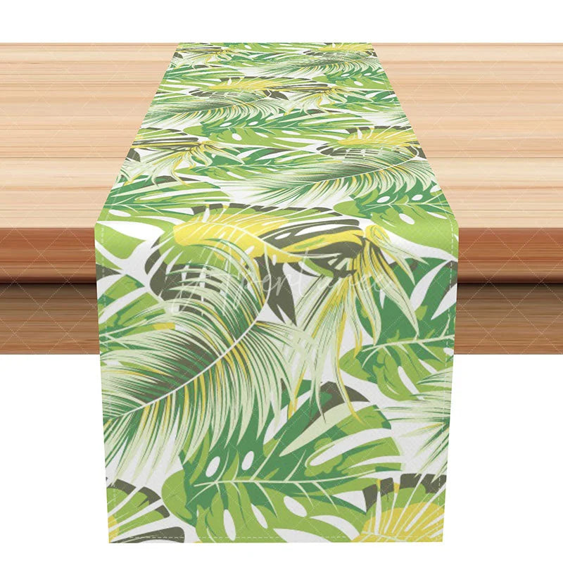 Aperturee - Aperturee Green Tropical Palm Leaf Table Runner Modern Botanical Monstera Print Summer Kitchen Dining Decor